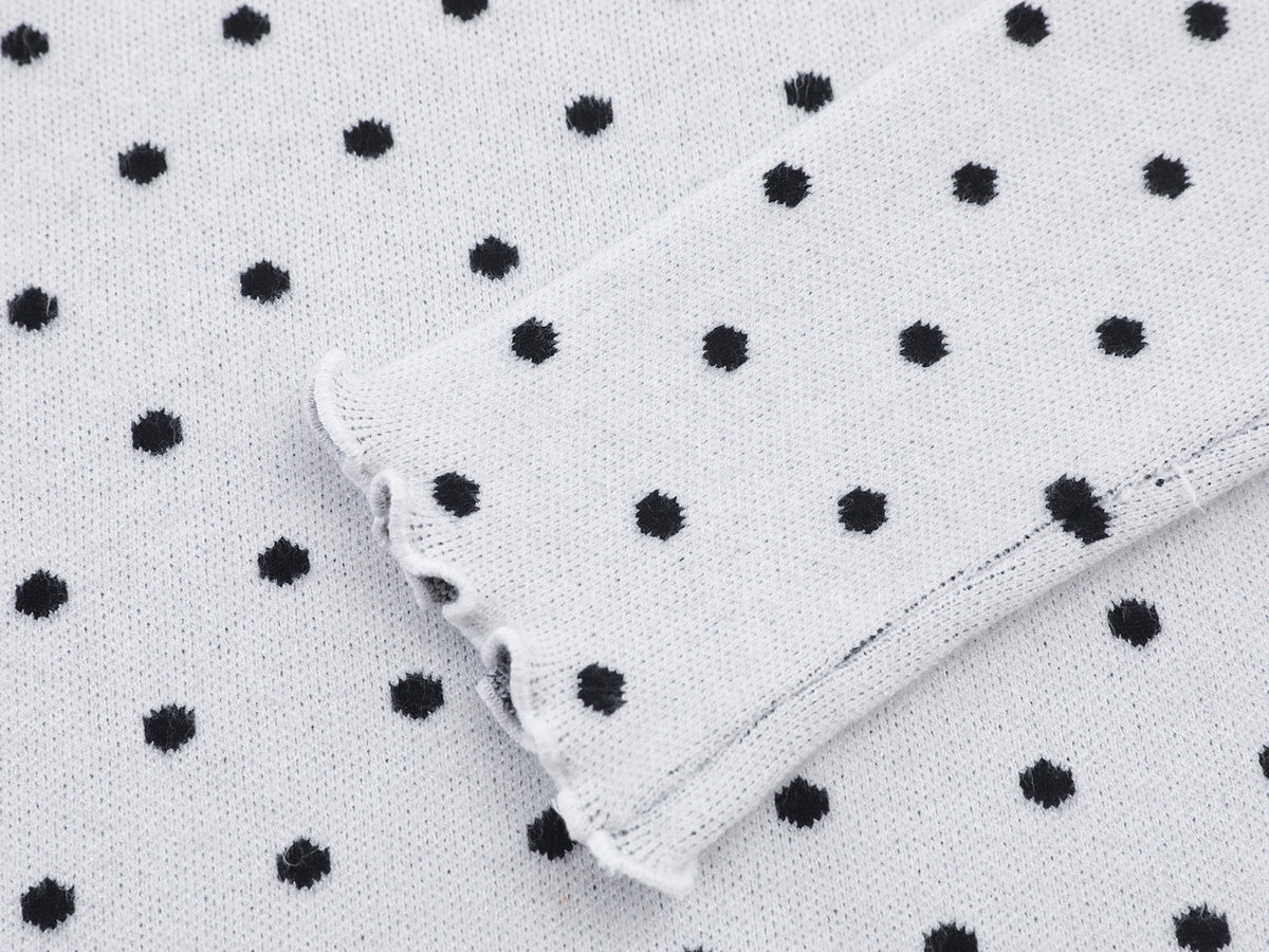 Polka Dot Mock Neck Knit Sweater Top with Cat Embroidery & Lettuce Hem