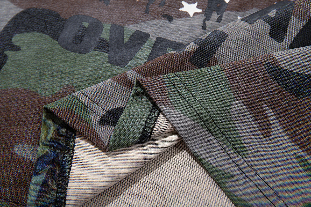 Long Sleeve Camo Graphic Tee – Cross & American Flag Stars Print, Crew Neck