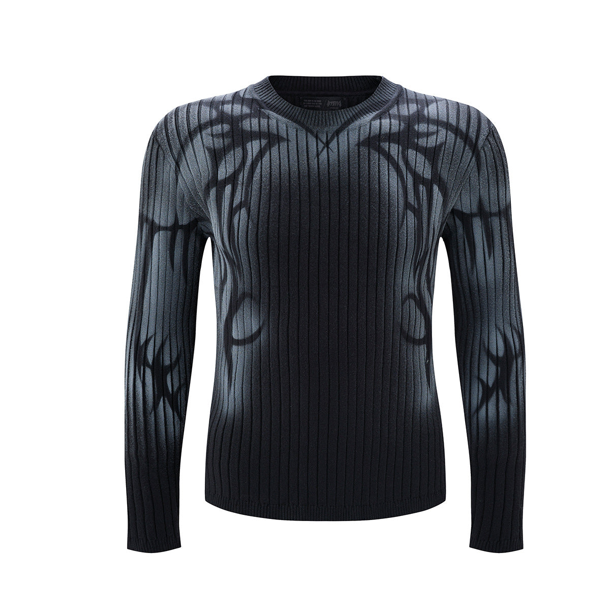 Pull côtelé à col rond avec imprimé tribal façon graffiti projeté à l’encre noire, vue de face