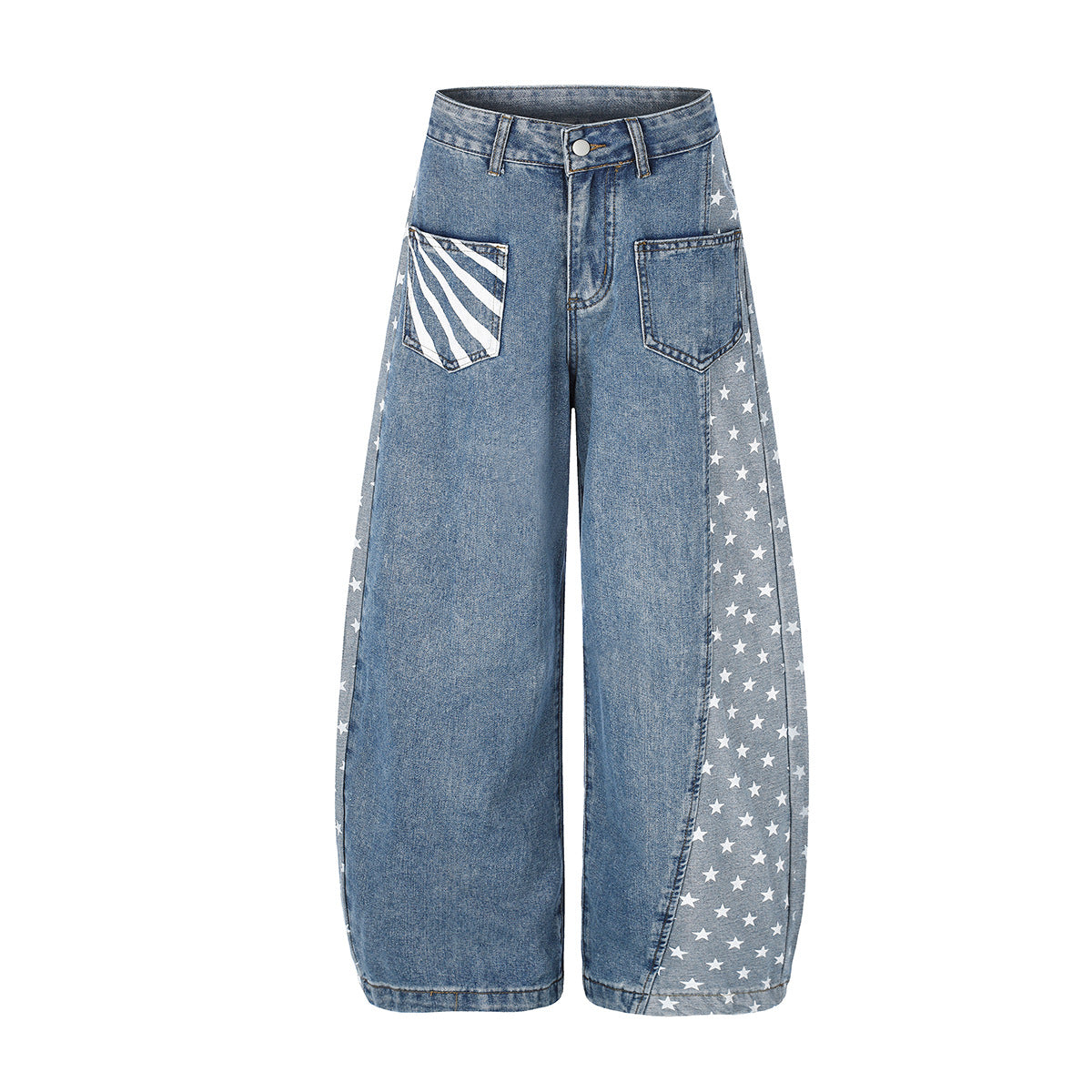 Baggy-Jeans mit weitem Bein – Denimhose mit Stern- und Streifen-Patchwork