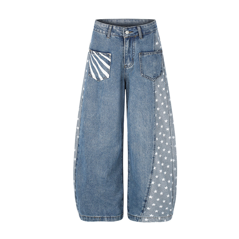 Baggy-Jeans mit weitem Bein – Denimhose mit Stern- und Streifen-Patchwork