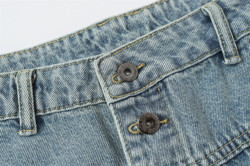 Men's Wide Leg Barrel Jeans – Diagonal Button Fly, Vintage Washed Denim