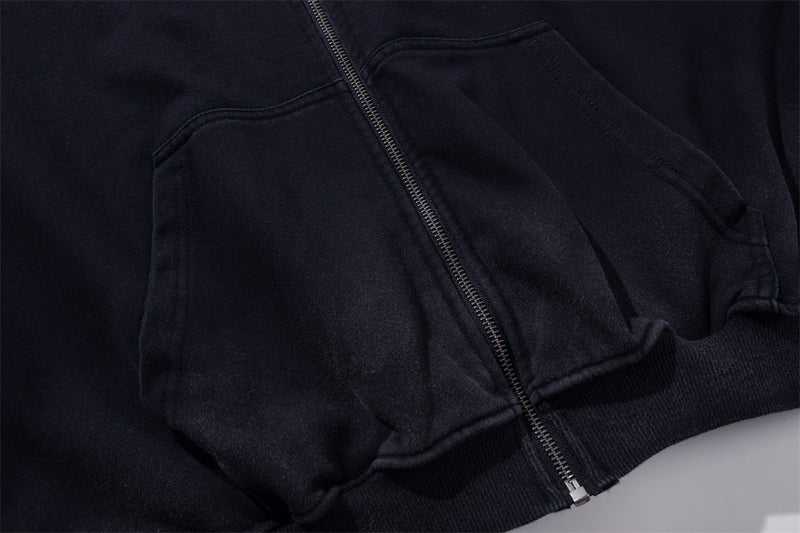 Men's Cropped Zip-Up Hoodie – Black Graphic Script with Detachable Faux Fur Hood
