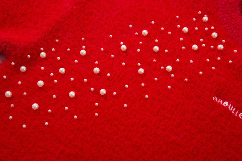 Pearl Bead Embellished Fuzzy Knit Crewneck Sweater – Oversized Unisex Pullover