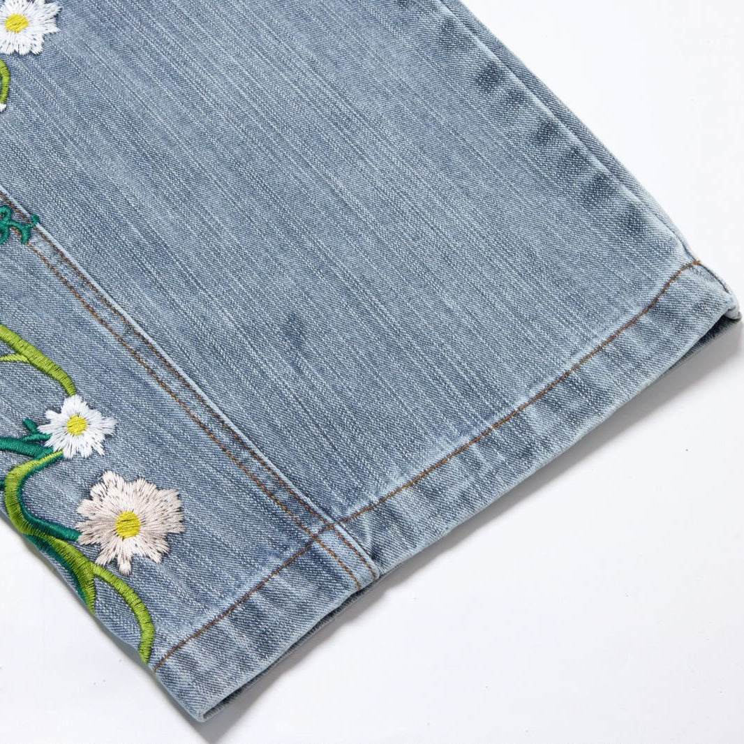 Floral Embroidered Wide-Leg Jeans – Men's Barrel Fit Washed Denim