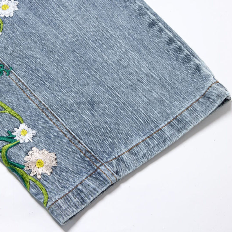 Floral Embroidered Wide-Leg Jeans – Men's Barrel Fit Washed Denim