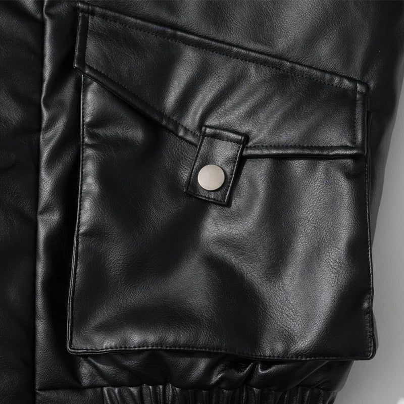Men's Black PU Leather Bomber Jacket with Faux Fur Collar & Large Cargo Pockets