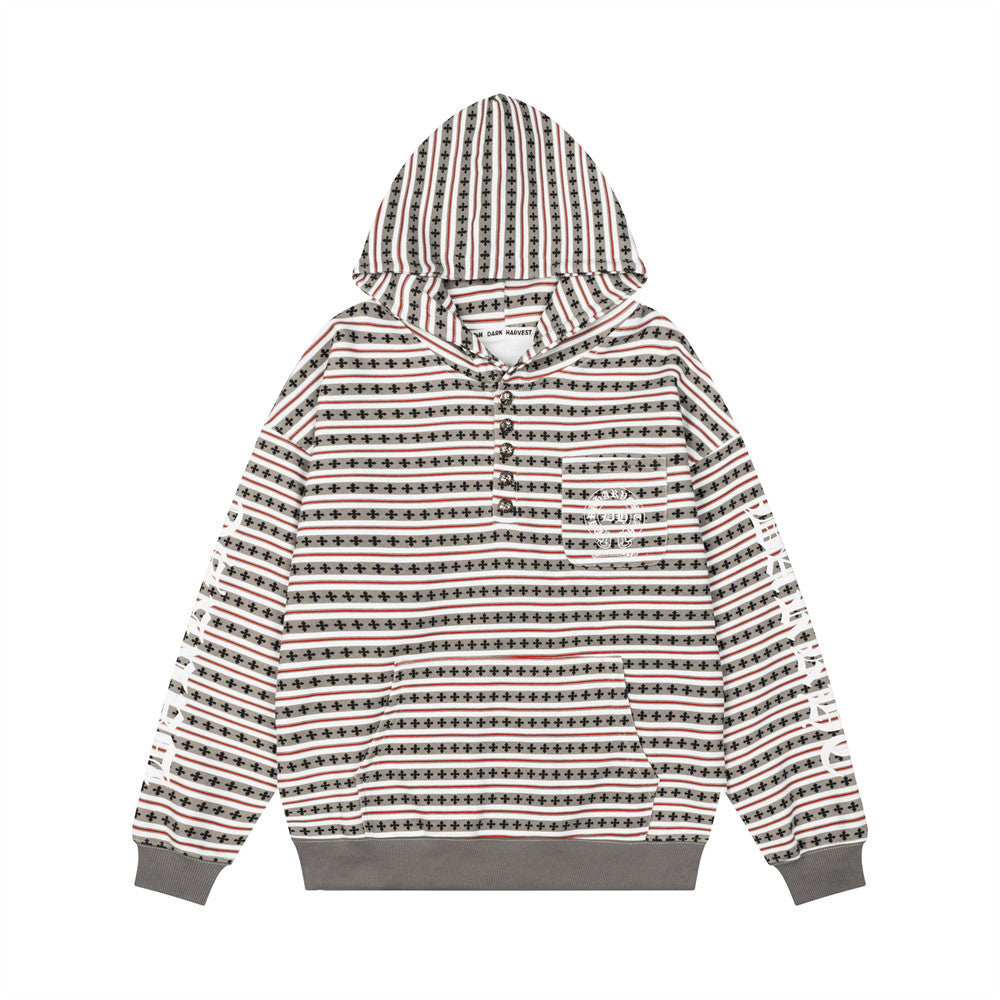 Men's oversized striped gothic graphic pullover hoodie in grey colorway with cross motif print and gothic lettering, front an