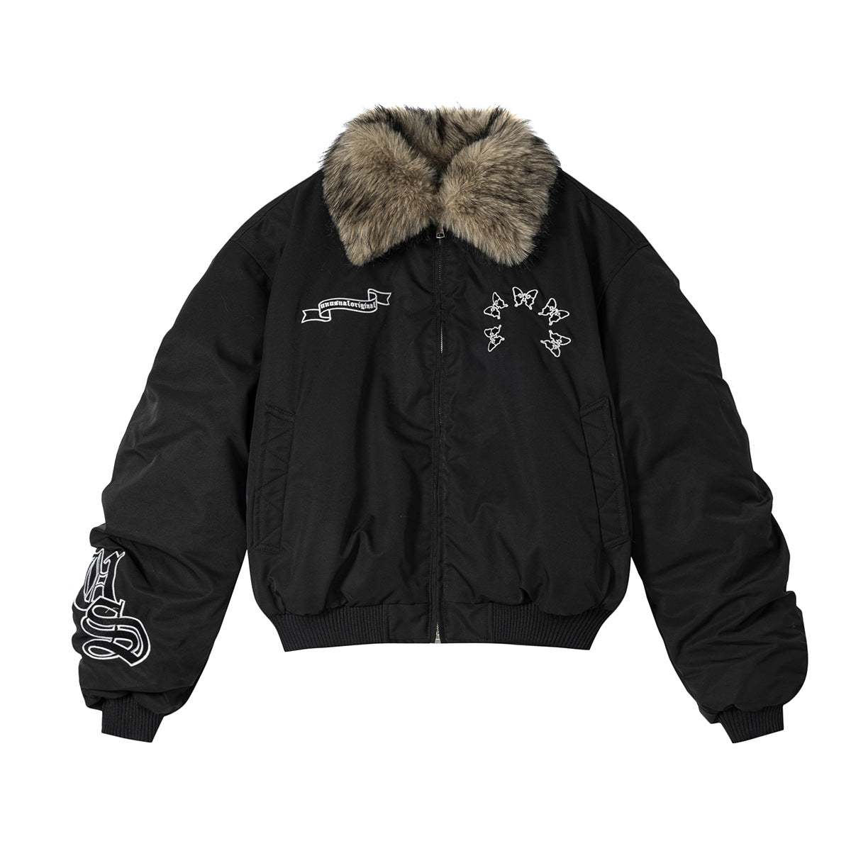 Herren-Schwarze-Pufferjacke mit Fellkragen – Bomberjacke mit Schmetterlingsstickerei