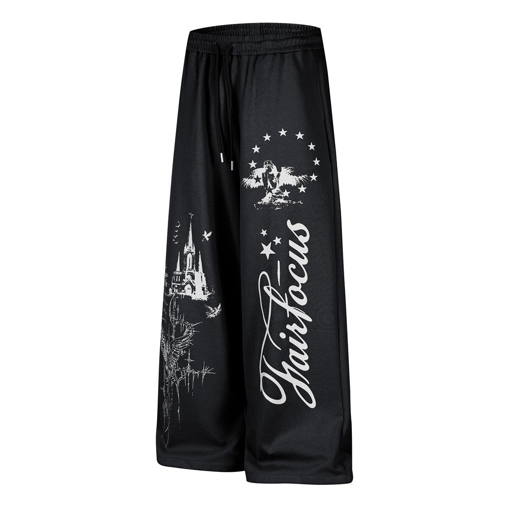 Wide-Leg Sweatpants with Castle & Angel Graphic Print – Streetwear Jogger Pants