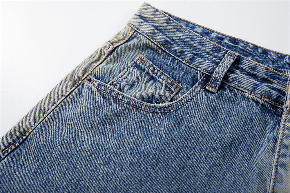 Wide-Leg Jeans with Ocean Embroidery & Gradient Wash