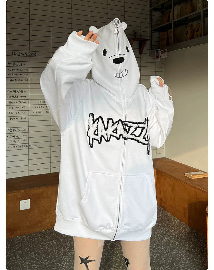 Cute White Bear Hoodie - 400GSM Polar Bear Design with Black Embroidery