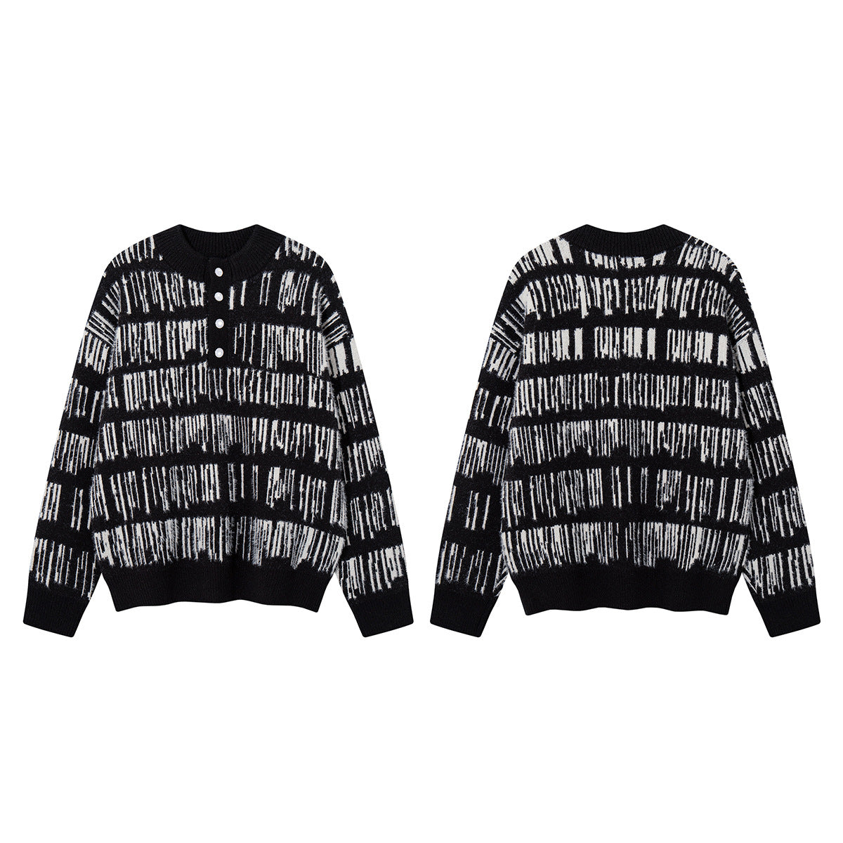 Abstract Stripe Jacquard Knit Sweater – Henley Neck, Oversized Fit