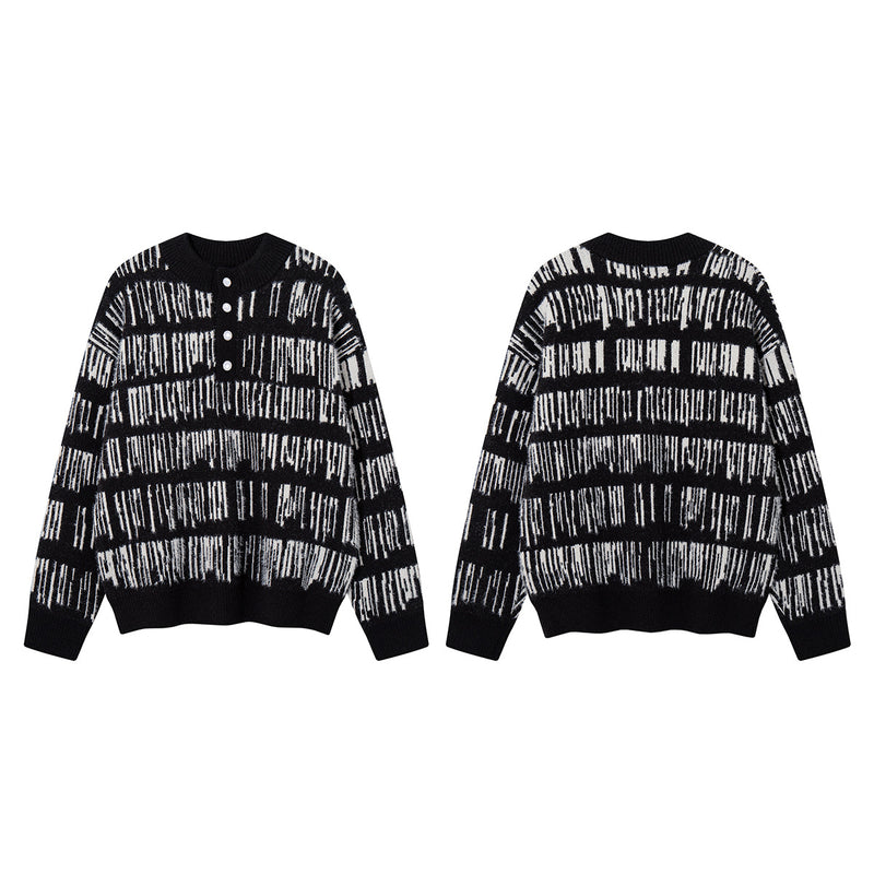 Abstract Stripe Jacquard Knit Sweater – Henley Neck, Oversized Fit