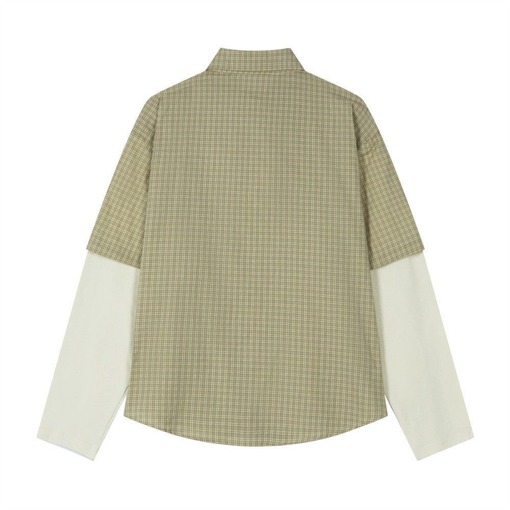 Plaid Faux Two-Piece Long Sleeve Shirt with Letter Embroidery Patch — Oversized