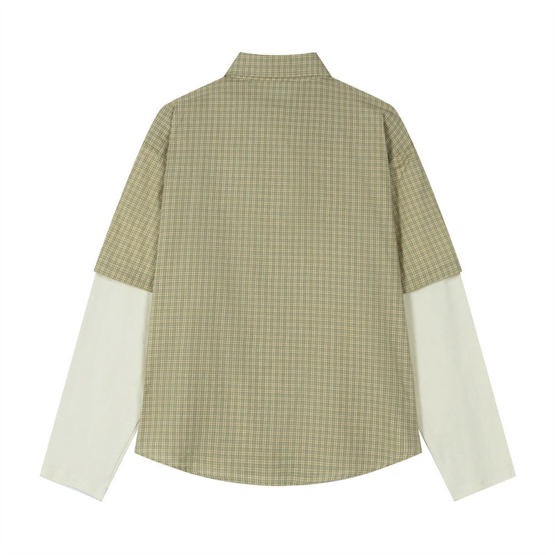 Plaid Faux Two-Piece Long Sleeve Shirt with Letter Embroidery Patch — Oversized