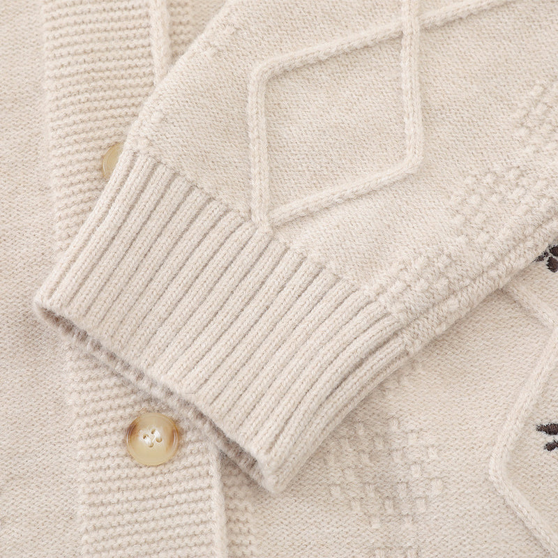 Cardigan en maille brodé de fleurs – Jacquard losanges boutonné
