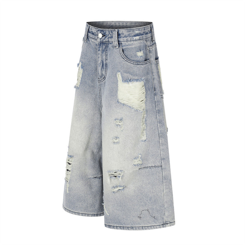 Baggy Jean Shorts Men – Distressed Ripped Denim, Washed Light Blue
