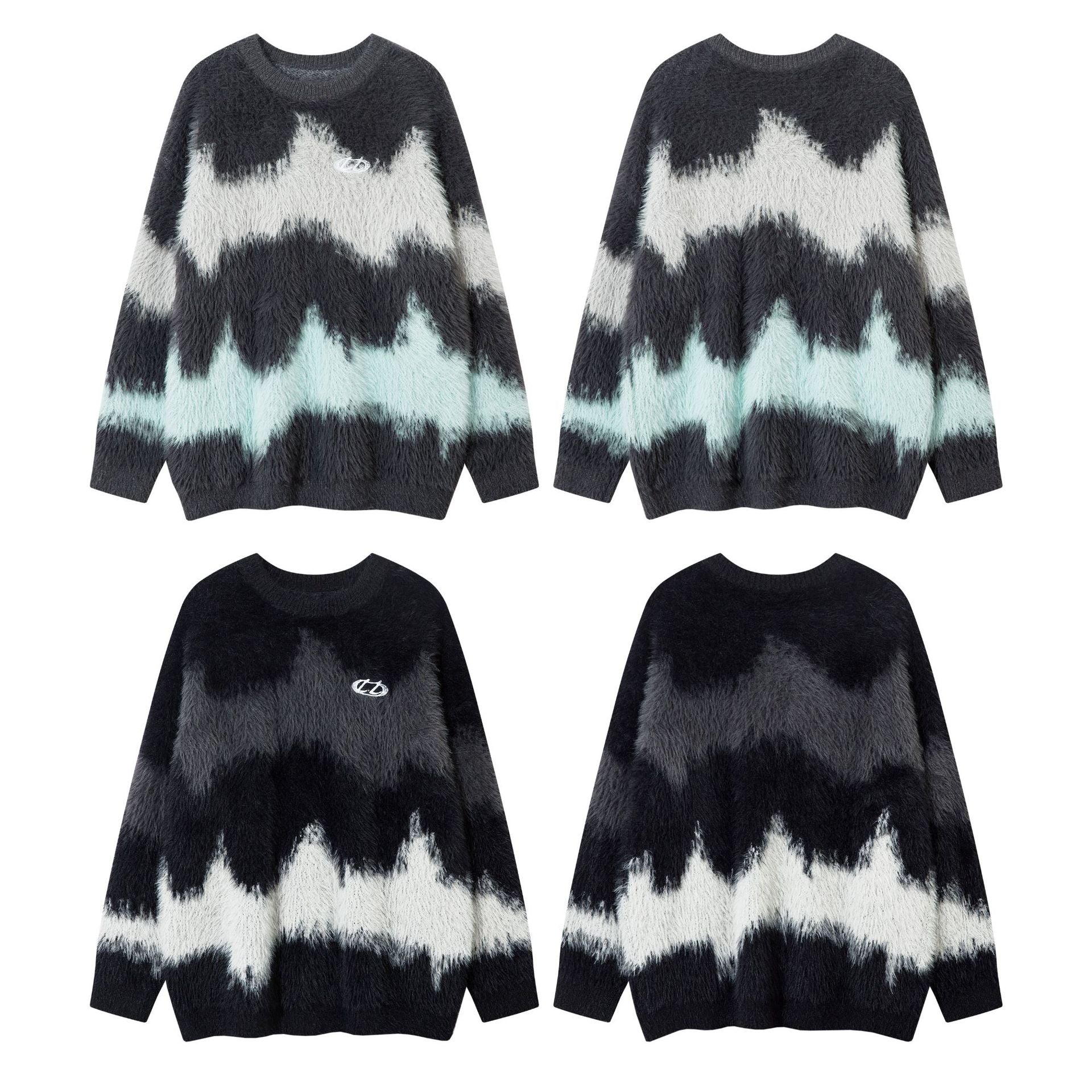 Pull en maille pelucheuse à motif vague abstrait – Modèle oversize