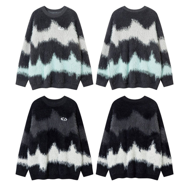 Pull en maille pelucheuse à motif vague abstrait – Modèle oversize