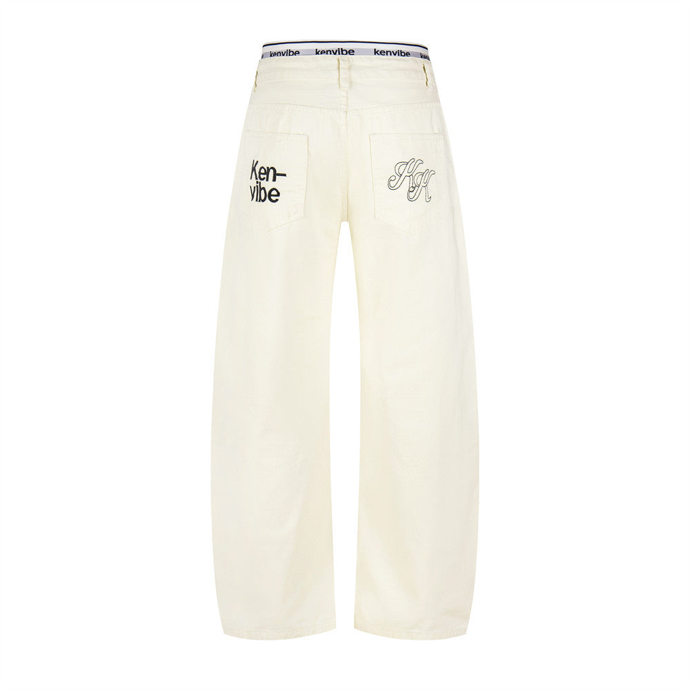 Kenvibe off-white wide-leg jeans with logo elastic waistband and letter embroidery on back pockets, front and back view