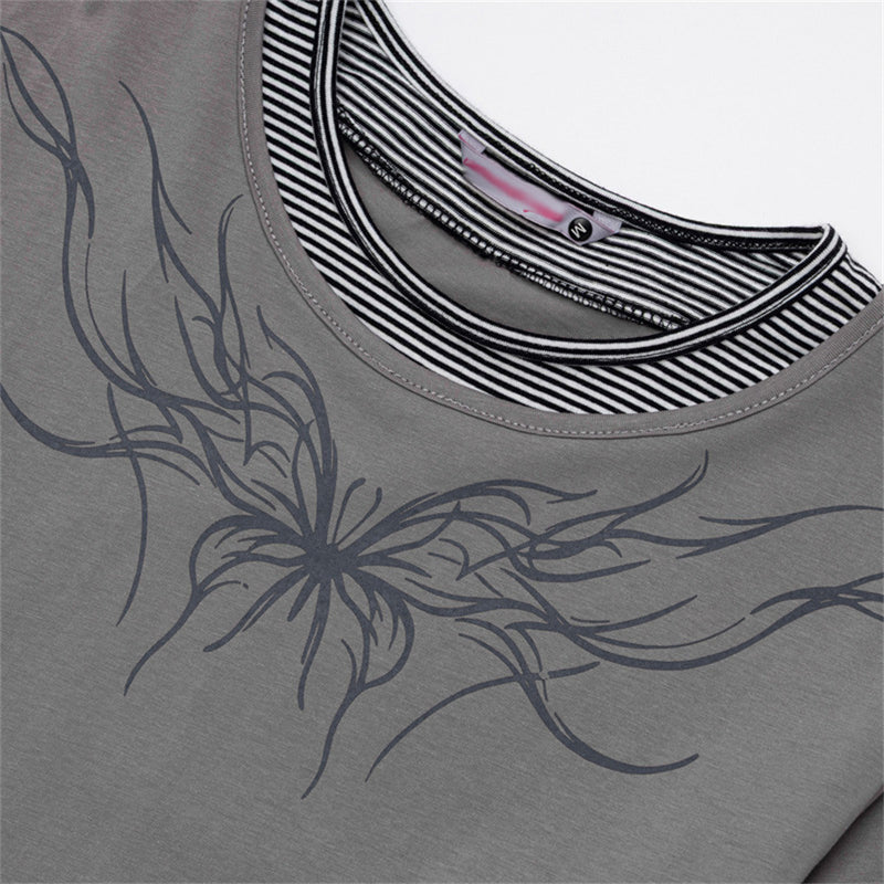 T-shirt graphique gris pour homme – Manches rayées superposées, imprimé tribal et manches longues