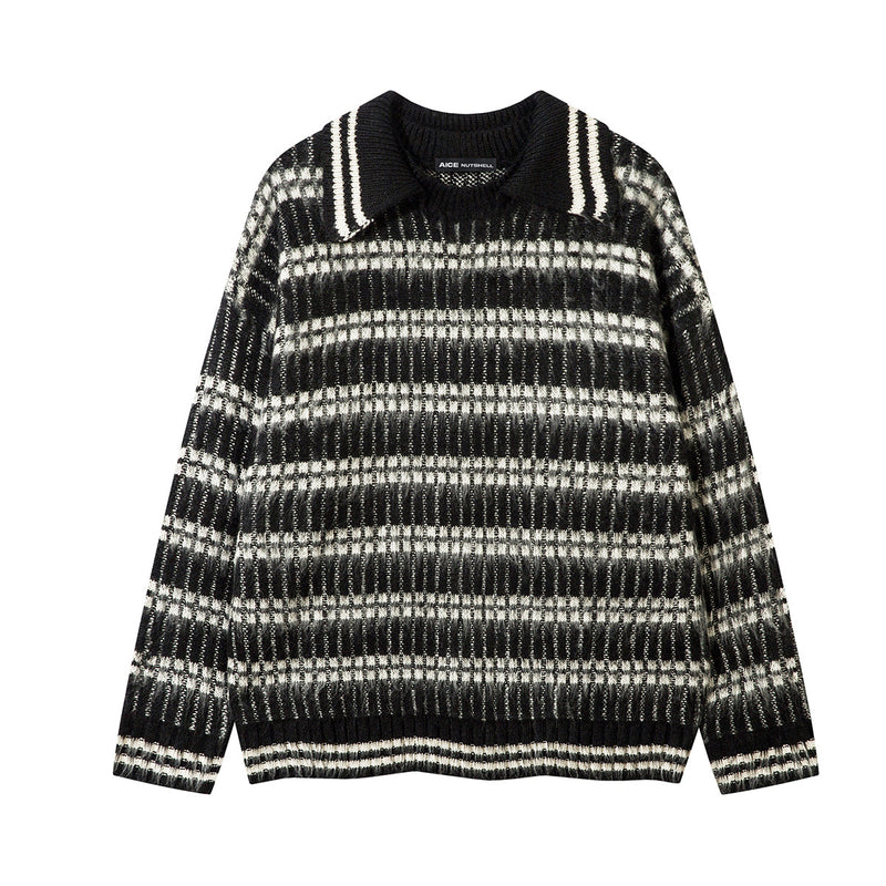 Striped Knit Sweater with Polo Collar – Oversized Fuzzy Texture