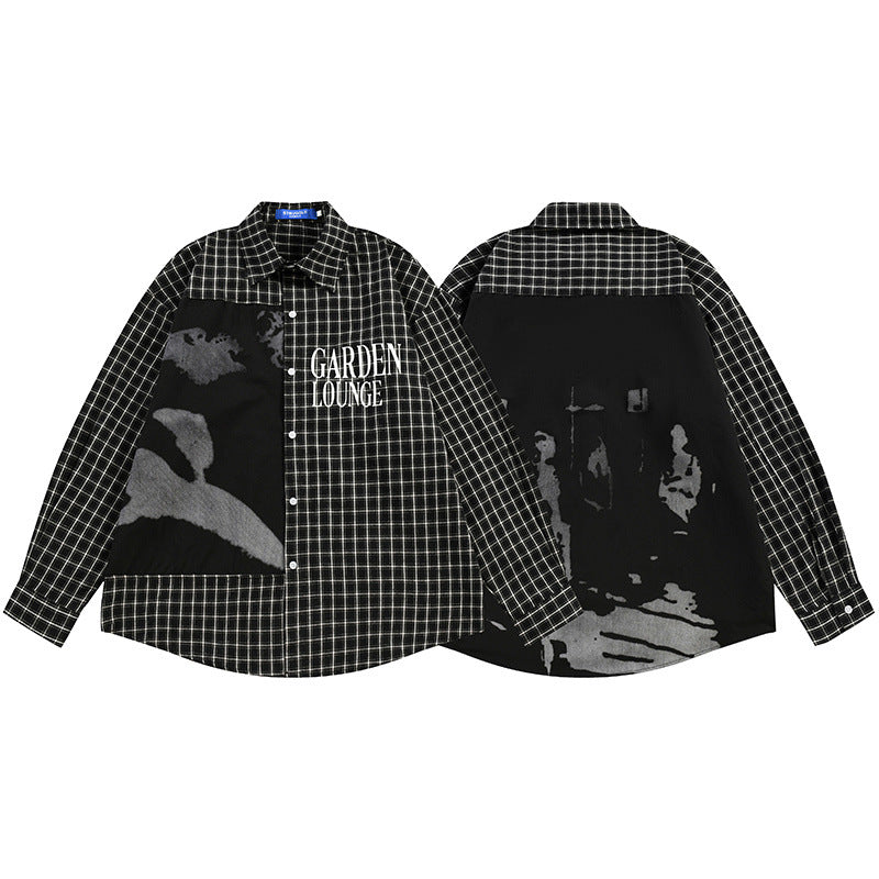 Oversized plaid patchwork long sleeve shirt with shadow figure graphic print and Garden Lounge embroidery in black colorway,