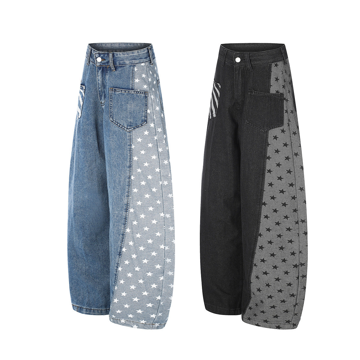 Baggy-Jeans mit weitem Bein – Denimhose mit Stern- und Streifen-Patchwork