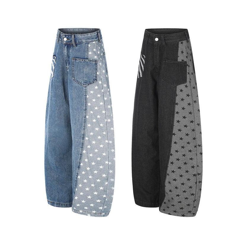 Baggy-Jeans mit weitem Bein – Denimhose mit Stern- und Streifen-Patchwork