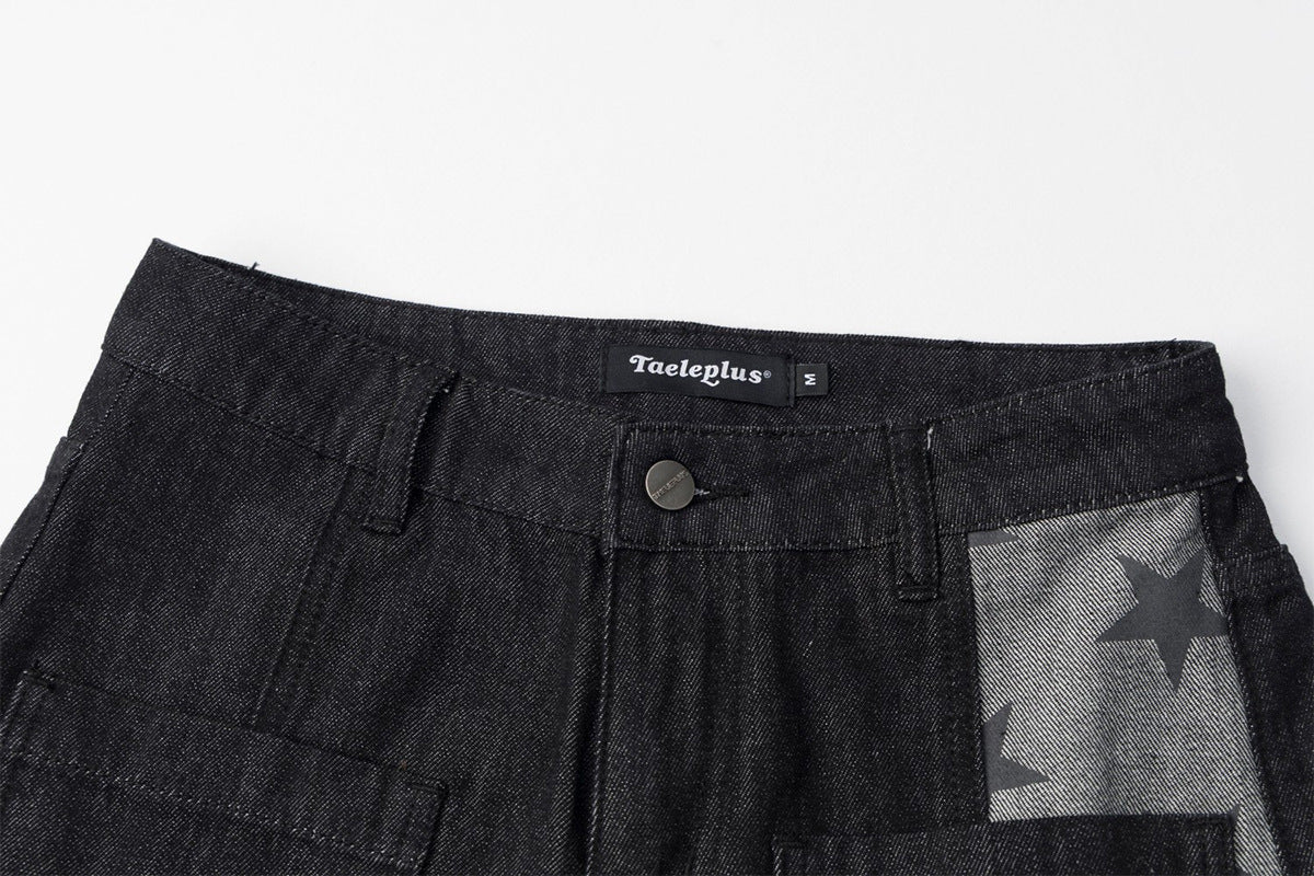 Jean noir super baggy – Denim large à empiècements et imprimé étoiles