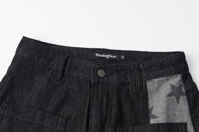 Jean noir super baggy – Denim large à empiècements et imprimé étoiles