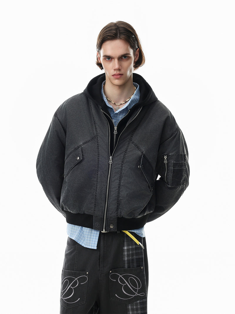 Oversized Padded Bomber Jacket – Faux Two-Piece Hooded Cotton Outerwear