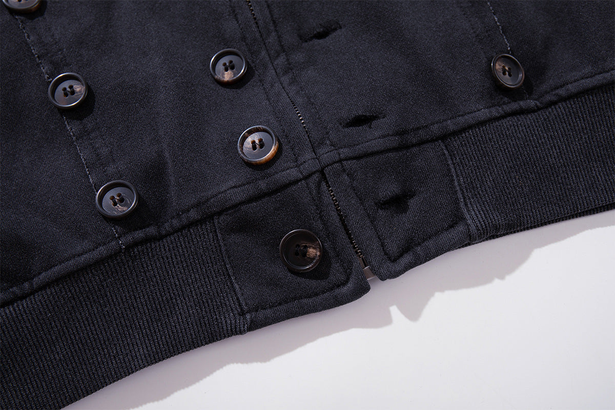 Schwerer Zip-Hoodie – Verwaschenes Schwarz, Streetwear-Design mit mehreren Knöpfen