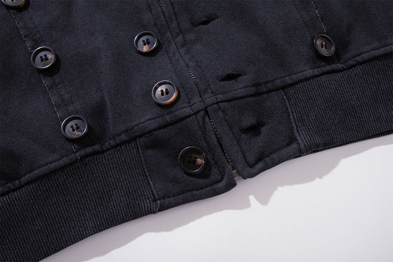 Schwerer Zip-Hoodie – Verwaschenes Schwarz, Streetwear-Design mit mehreren Knöpfen