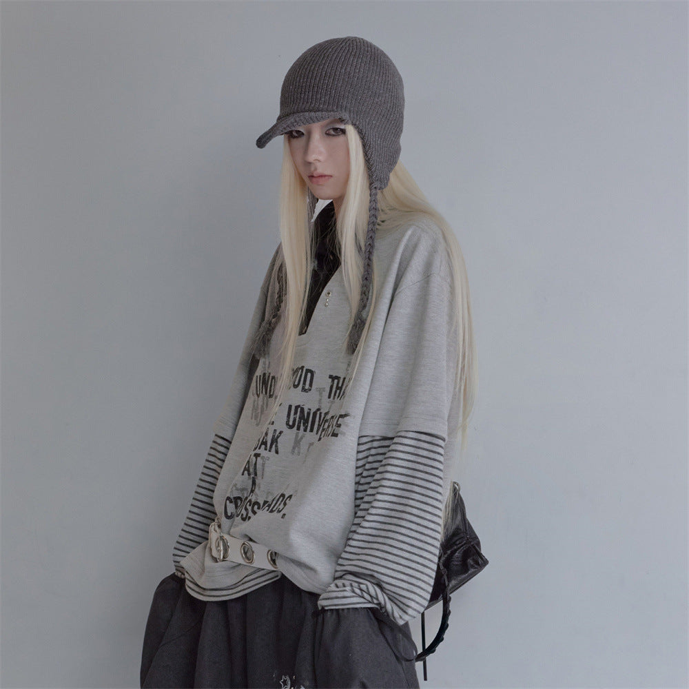 Oversized Faux Two-Piece Polo Sweatshirt with Striped Sleeves and Letter Graphic