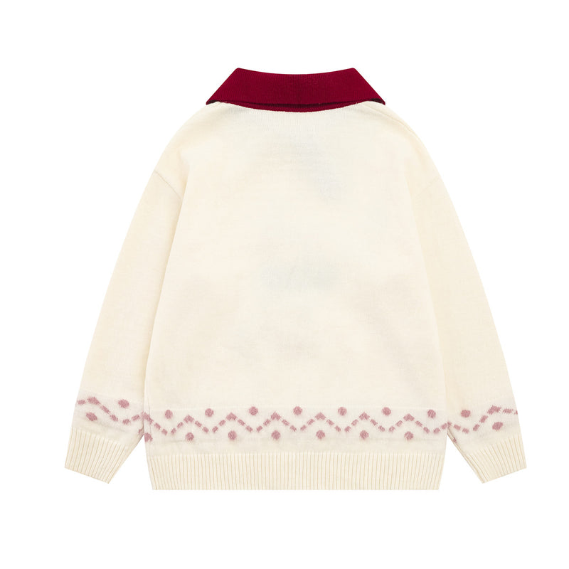 Cute Rabbit Jacquard Polo Collar Knit Sweater – Fluffy Bunny Graphic Pullover