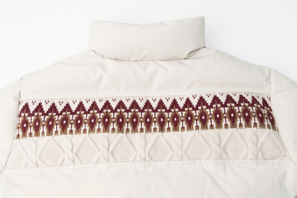 Men's Oversized Puffer Jacket with Fair Isle Knit Panel & Stand Collar