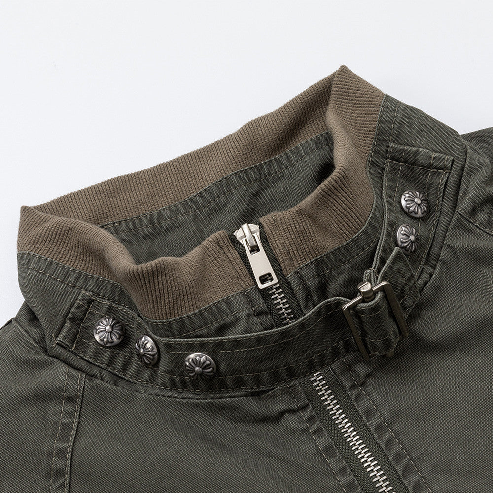 Men's Army Green Vintage Workwear Bomber Jacket – Stand Collar, Zip-Up, Ribbed