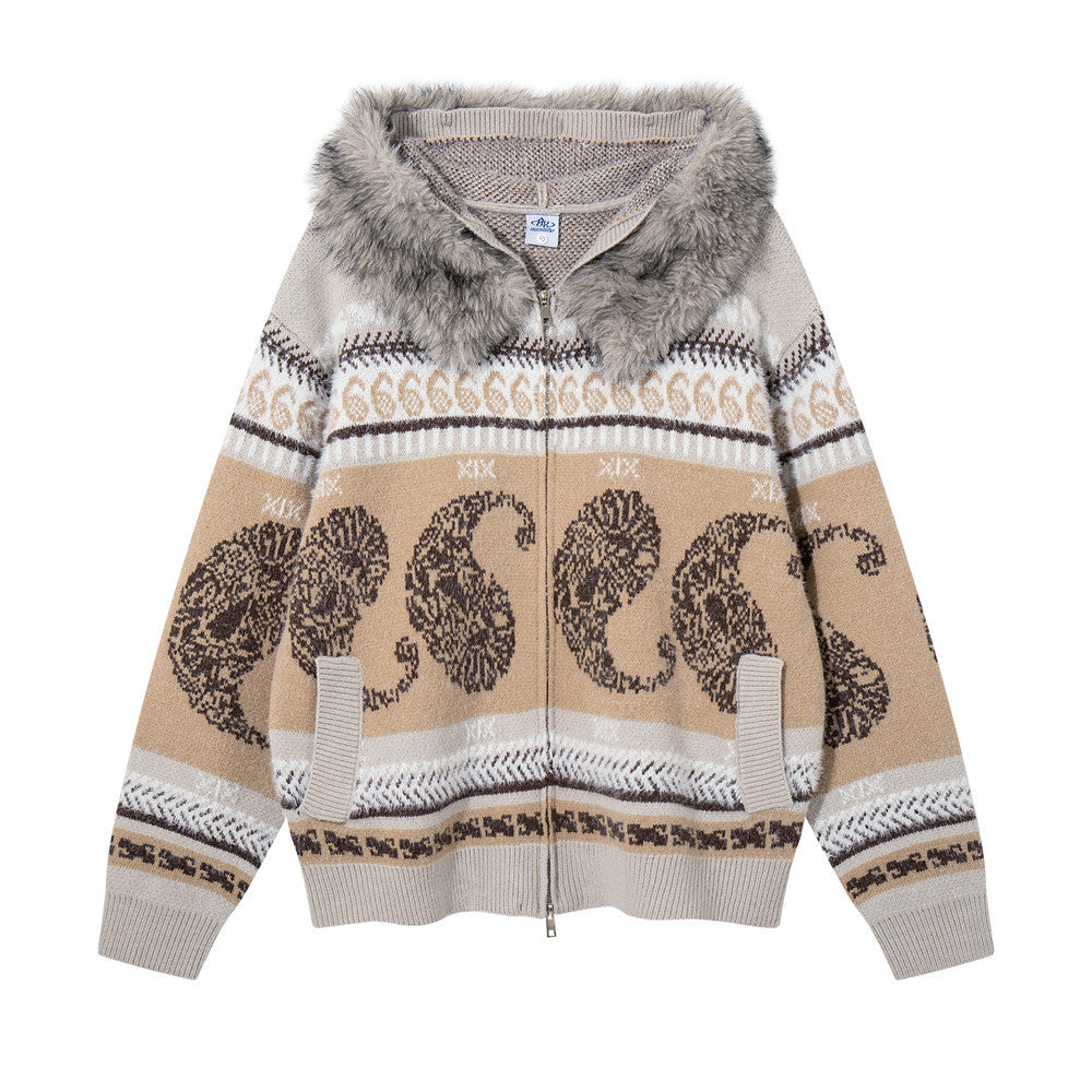 Jacquard-Strick-Cardigan mit Reißverschluss, Kapuze und Kunstfellkragen