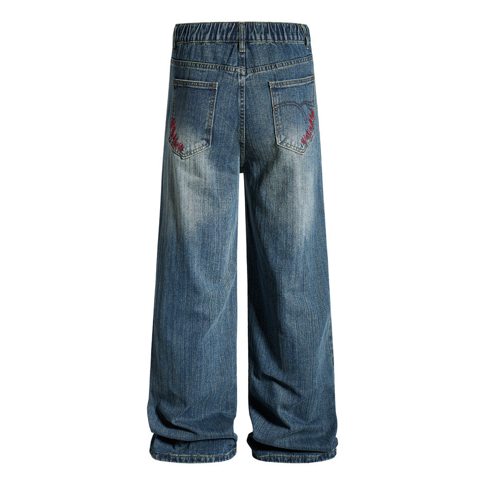 Wide-Leg Washed Denim Jeans with Cross Star Embroidery & Rhinestone Pocket