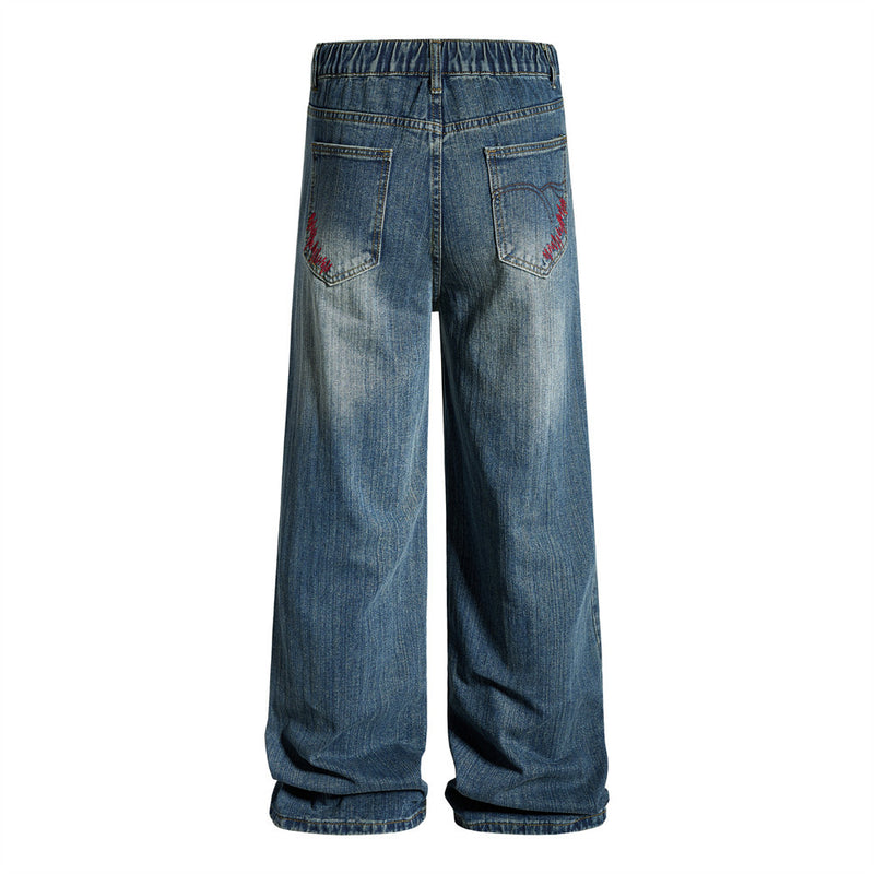 Wide-Leg Washed Denim Jeans with Cross Star Embroidery & Rhinestone Pocket