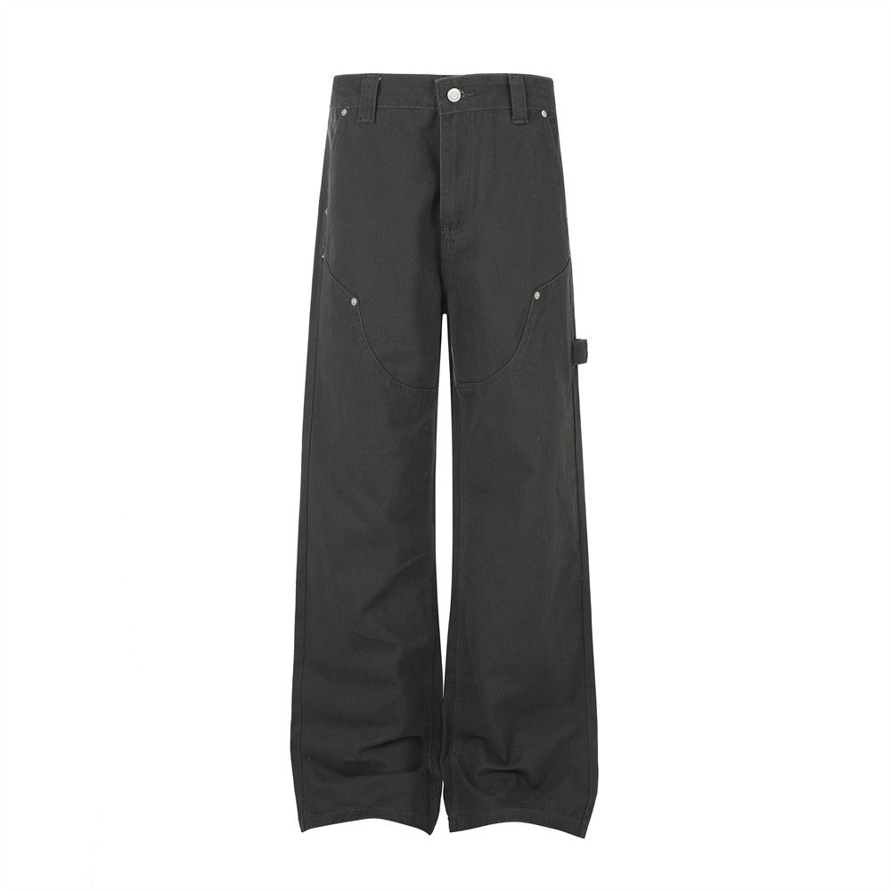 Pantalon de charpentier wide leg avec découpes courbes sur le devant et détails rivetés, gris anthracite foncé