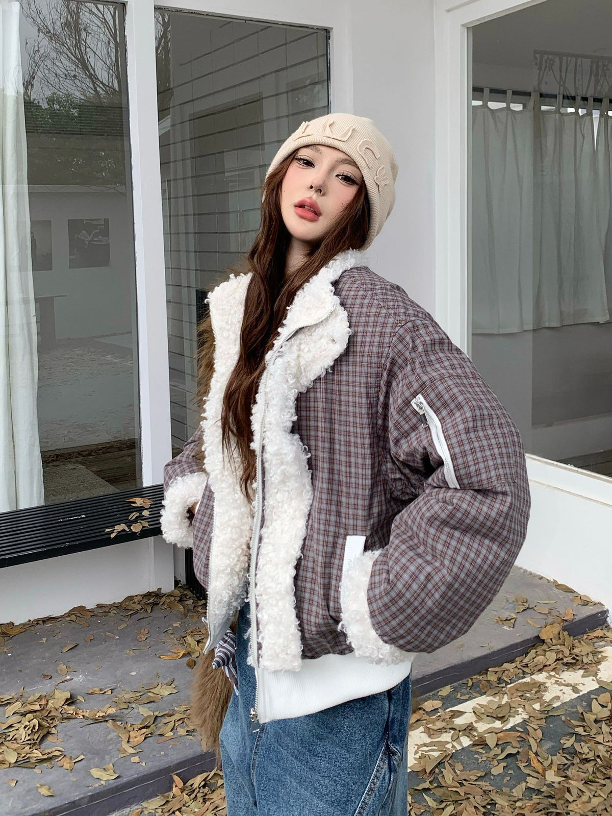 Reversible Plaid & Sherpa Bomber Jacket – Vintage 1988 Embroidered Padded Coat