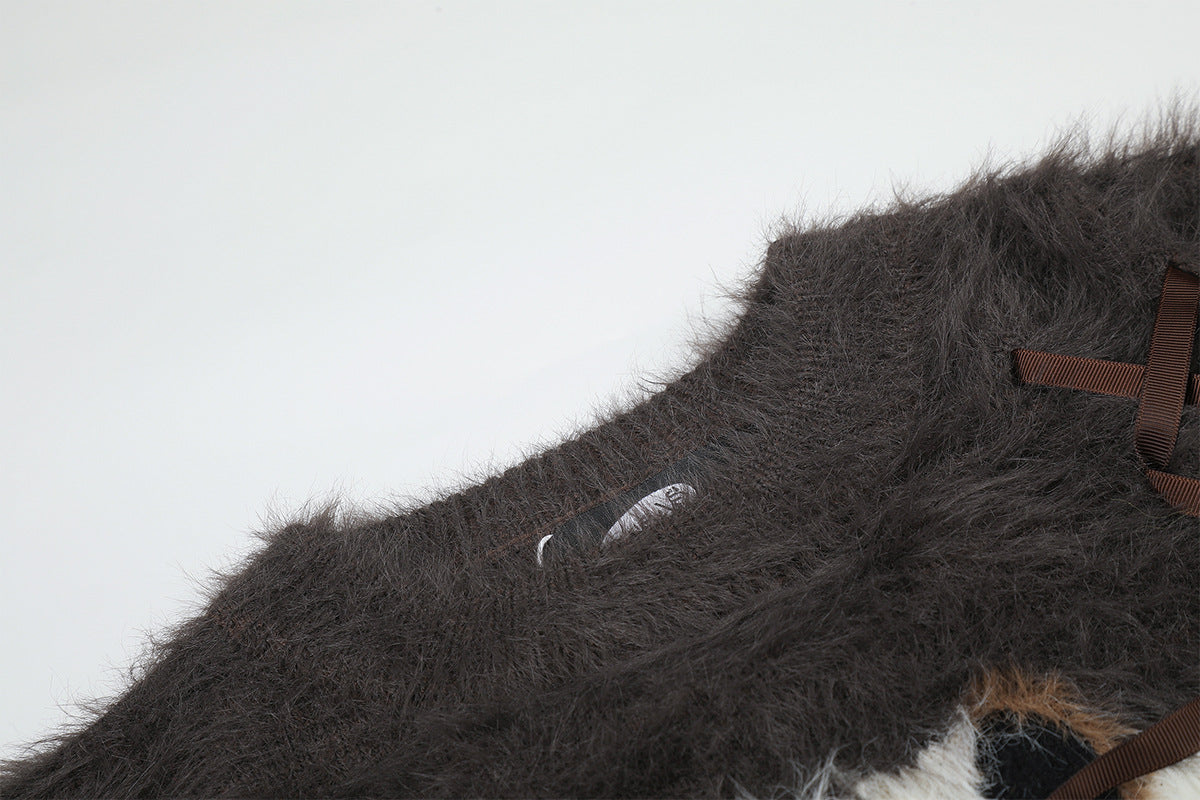Fuzzy Horse Jacquard Sweater with Ribbon Bow Details – Charcoal Grey