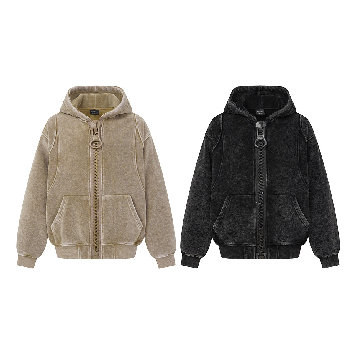 Oversized Acid Wash Zip-Up Hoodie – Heavyweight Fleece-Lined Men's Hooded Jacket