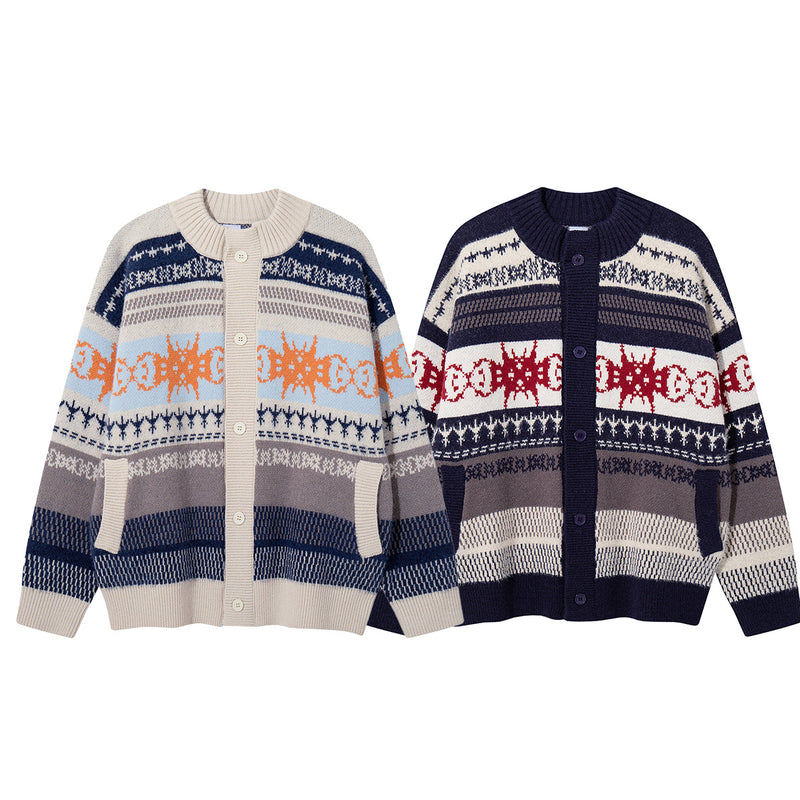 Fair Isle Jacquard Knit Cardigan Sweater – Retro Korean-Style Button-Up