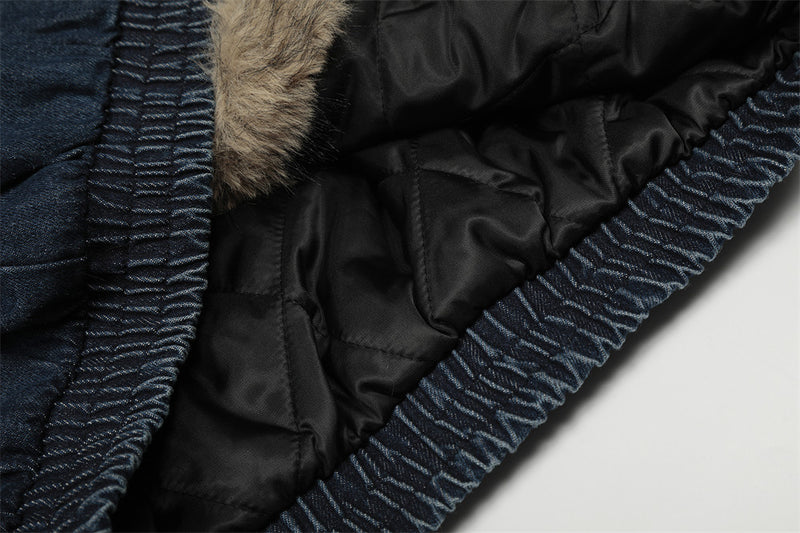 Fur-Trim Hooded Denim Bomber Jacket – Padded Winter Coat
