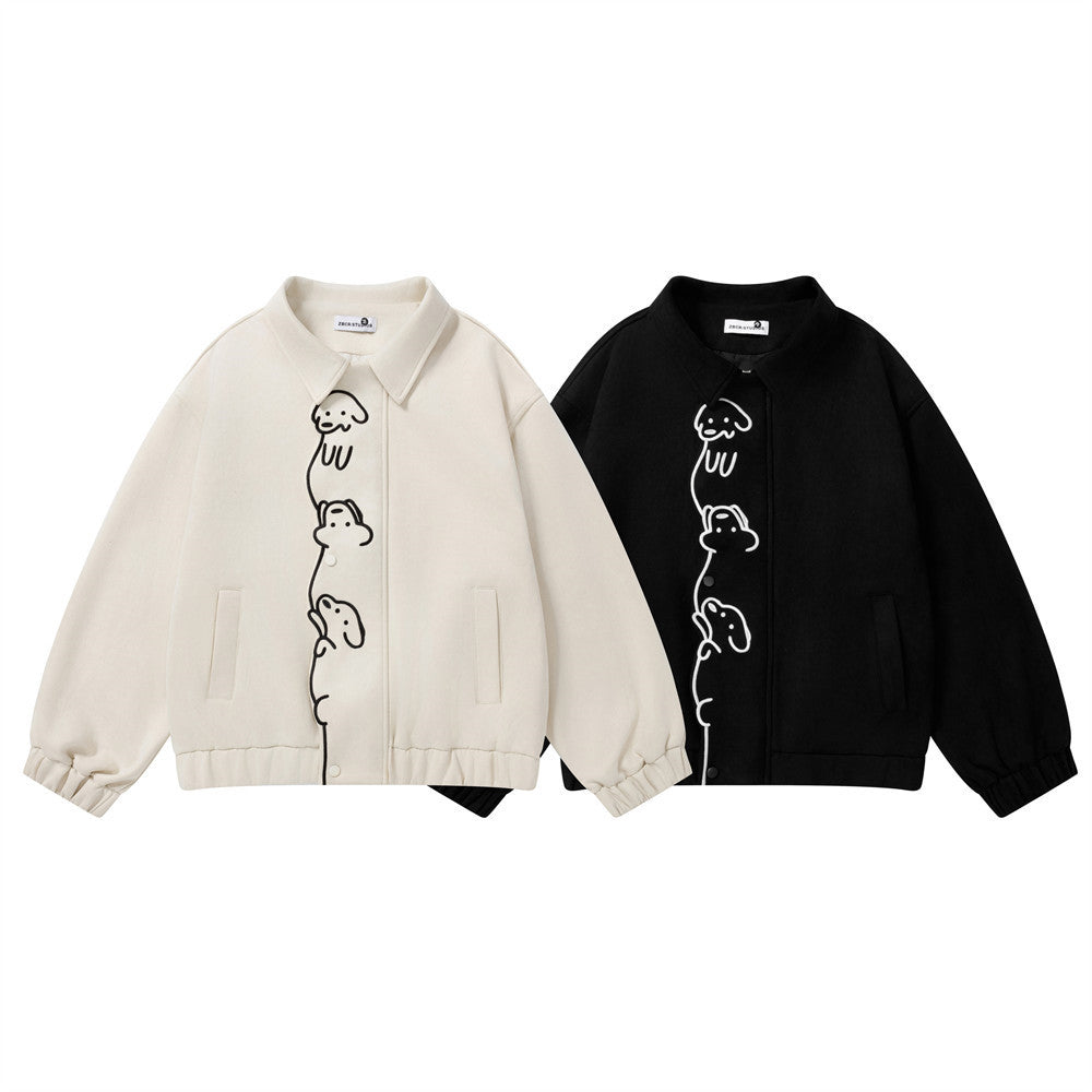 Varsity-Jacke mit Cartoon-Hunde-Stickerei – Oversize-Bomber mit Druckknöpfen
