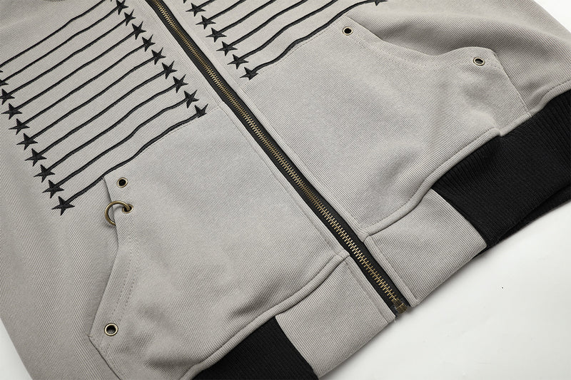 Star & Stripe Embroidered Zip-Up Hoodie with Bomber Ribbed Hem